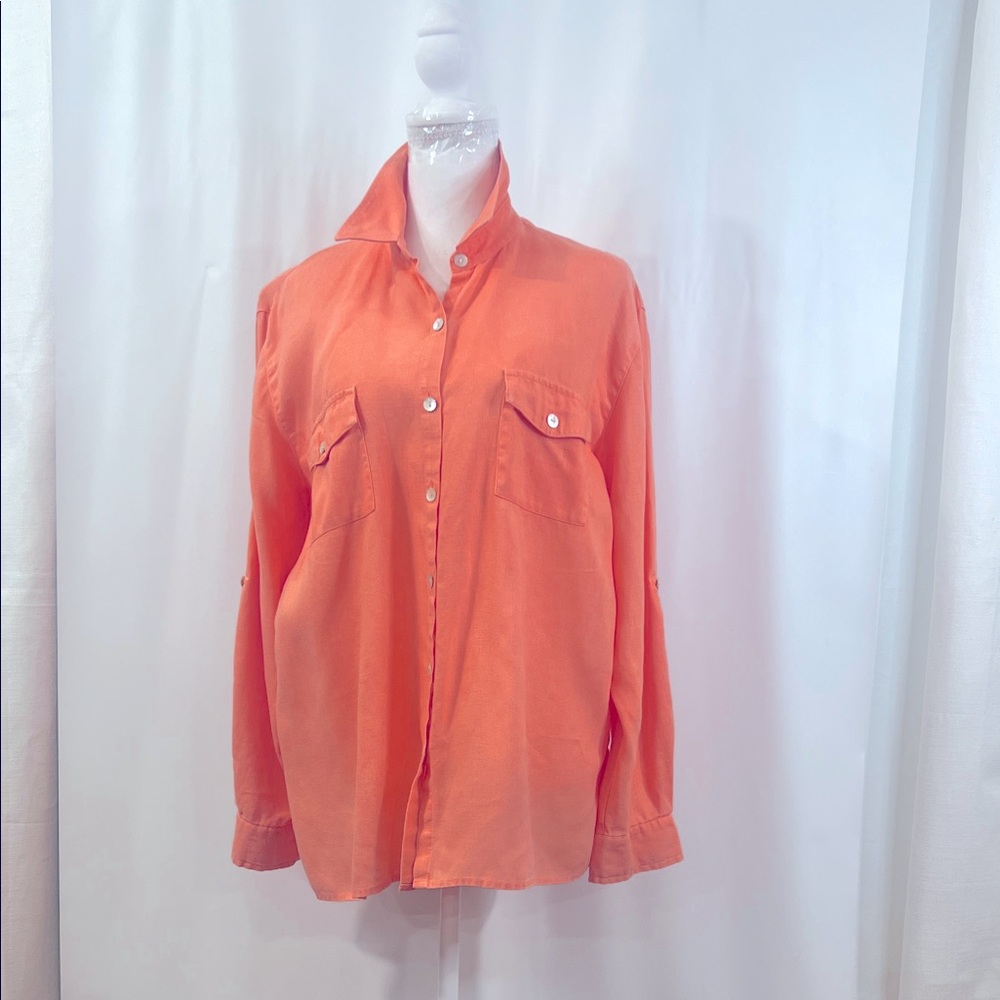 100 % LINEN Studio Works Men's Vibrant Orange Coral color Casual Shirt